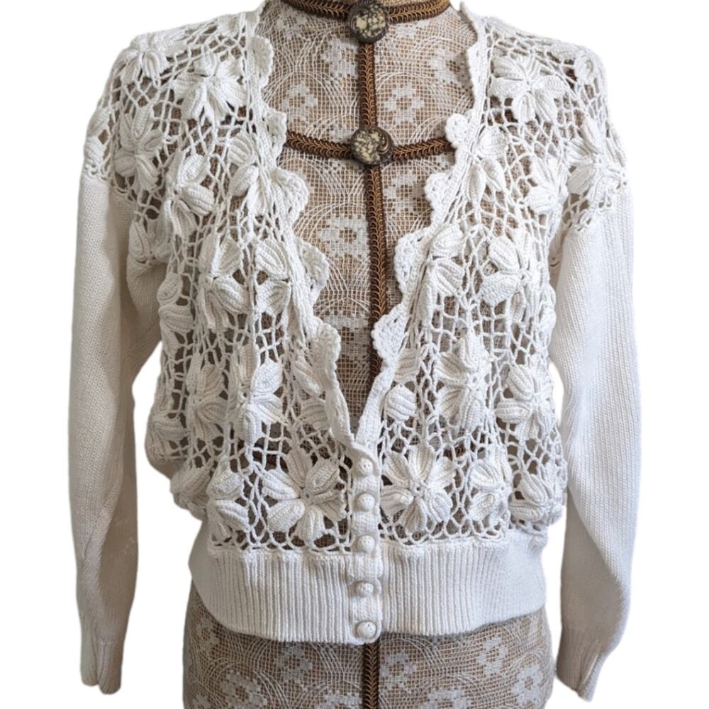 Vintage Tarazza Lace Fishnet V-neck Crochet Cardigan size M